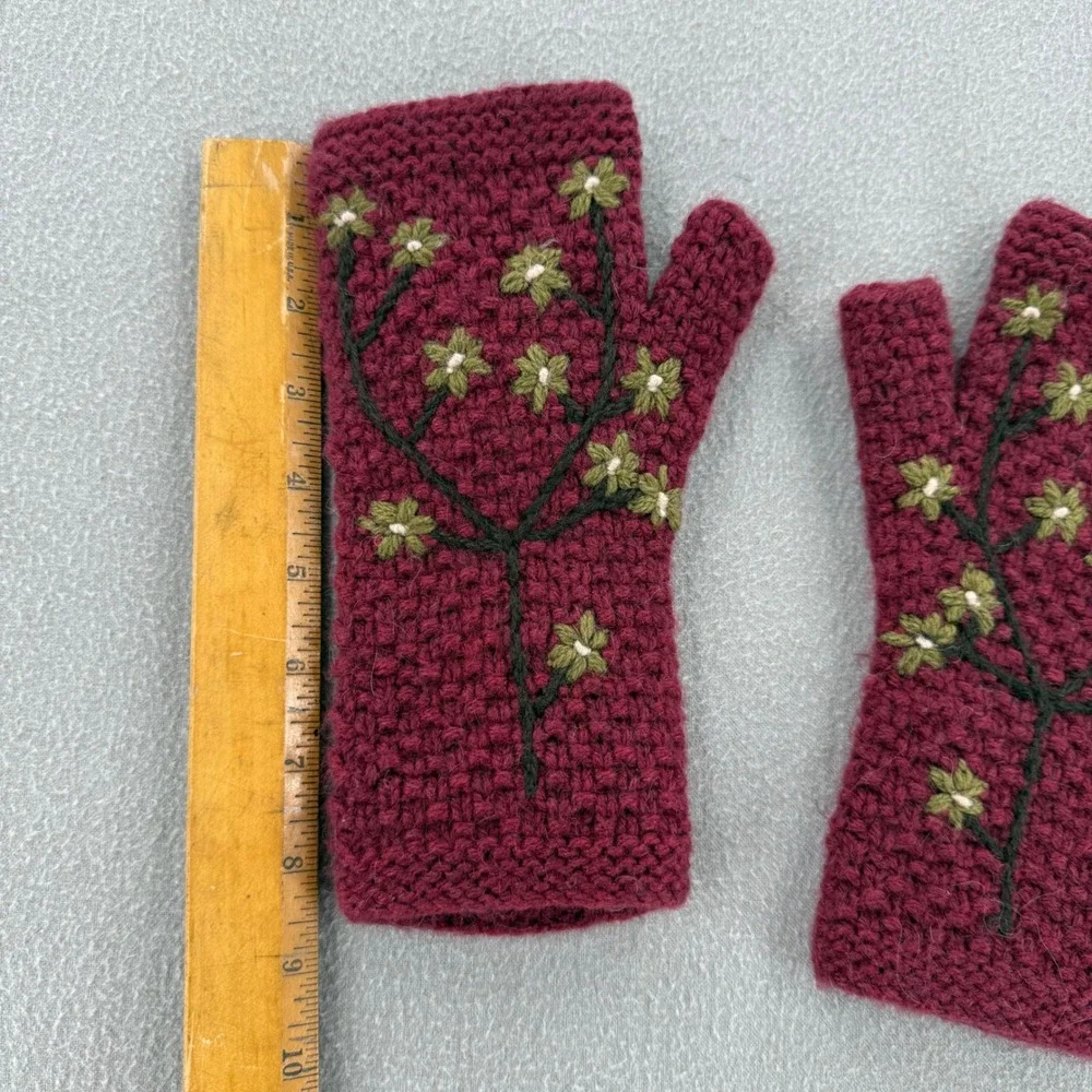 Hand Knit Alpaca Blend Bolivia Made Fingerless Embroidered Floral Maroon Gloves